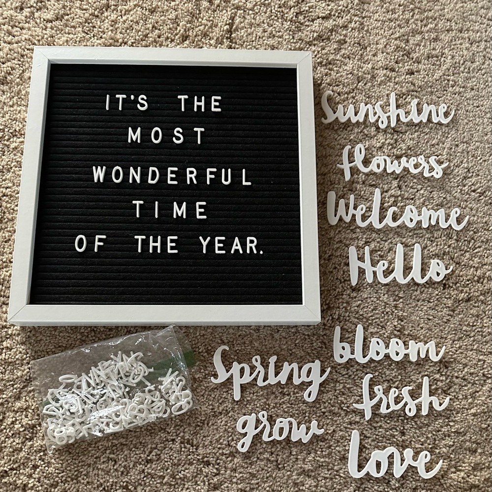 13x13 wall mount message board; Letters and words included; pet/smoke-free home